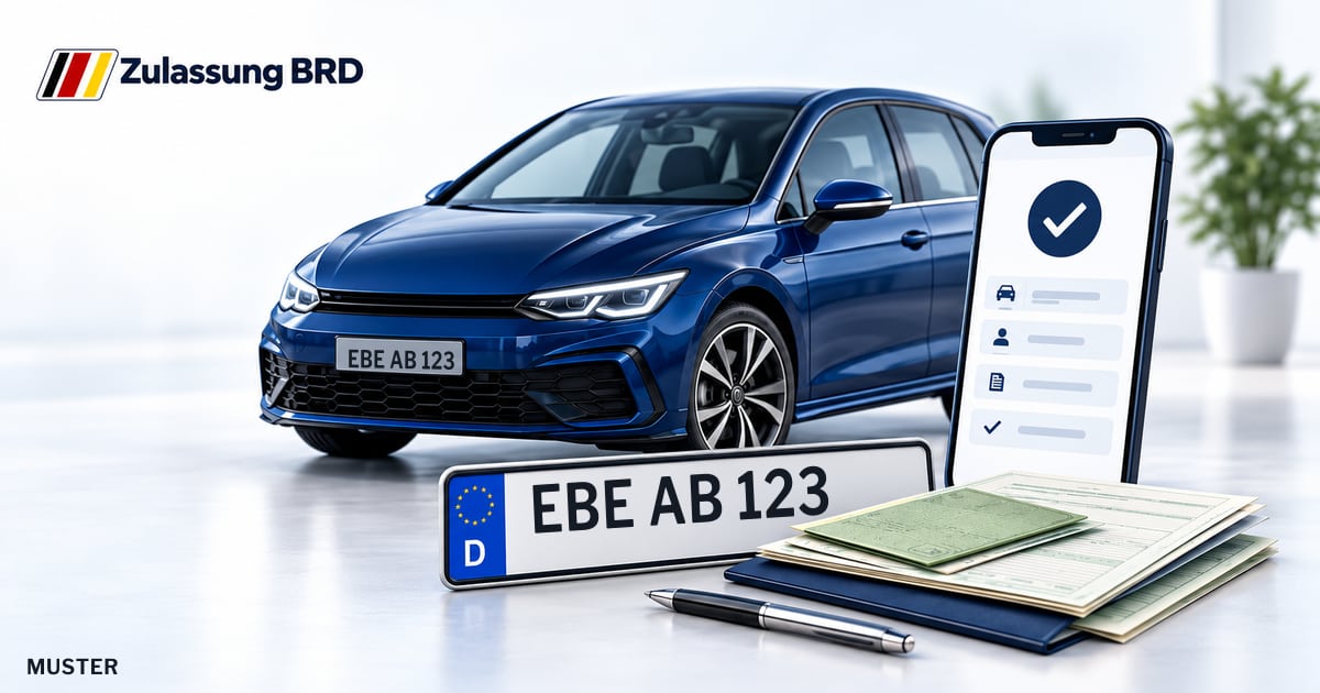 Online Fahrzeugzulassung in Vaterstetten: Musterkennzeichen EBE AB 123, Auto und Fahrzeugpapiere und Smartphone. Illustration mit Logo von Zulassung BRD.